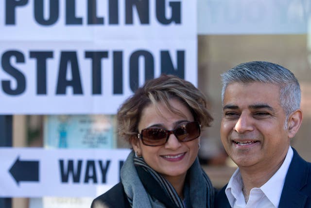 Sadiq Khan with his wife Saadiya after casting their votes at a polling station in Streatham, south west London