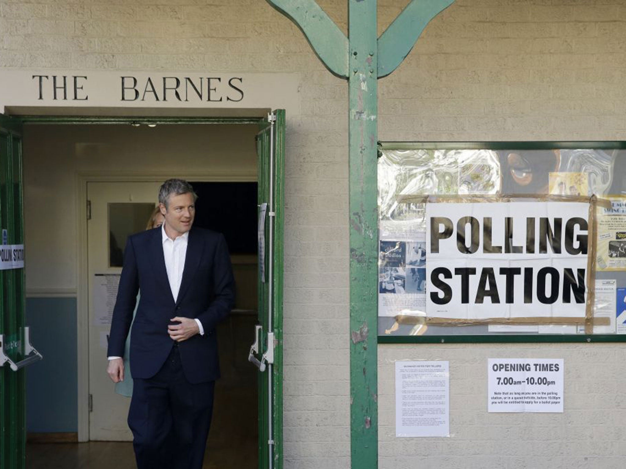 Conservative candidate Zac Goldsmith cast his vote at a polling station in Barnes, south west London