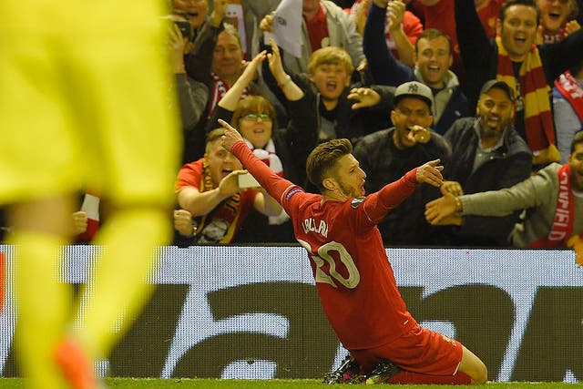 Adam Lallana celebrates his goal against Villarreal in the semi-final second leg