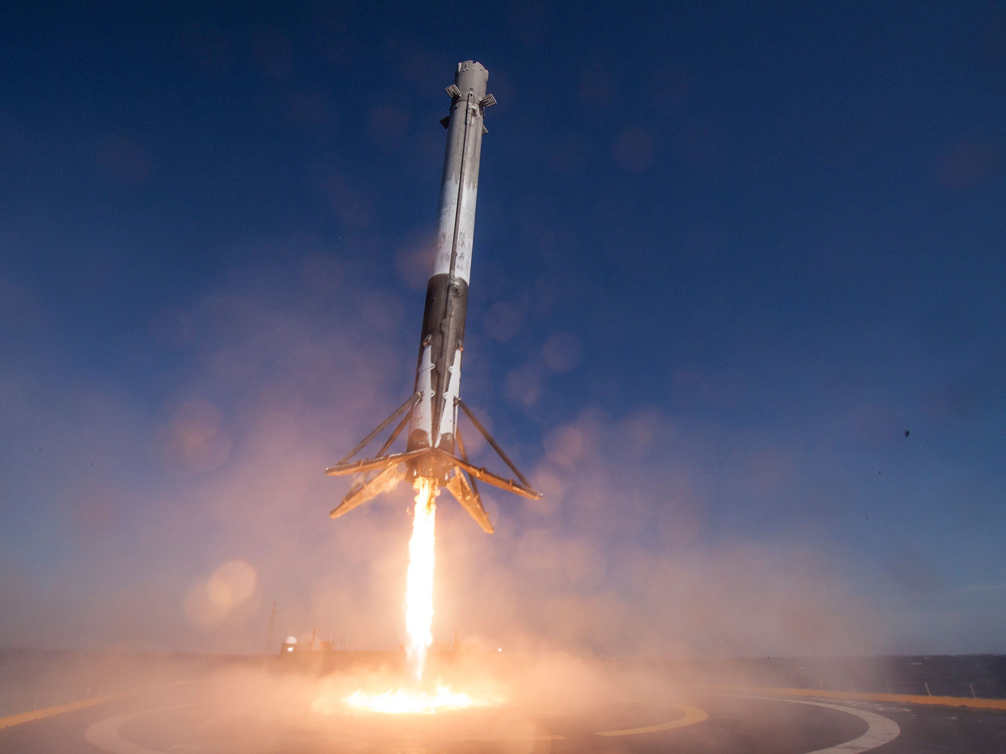 A Falcon 9 rocket touches down at sea in April's first successful landing