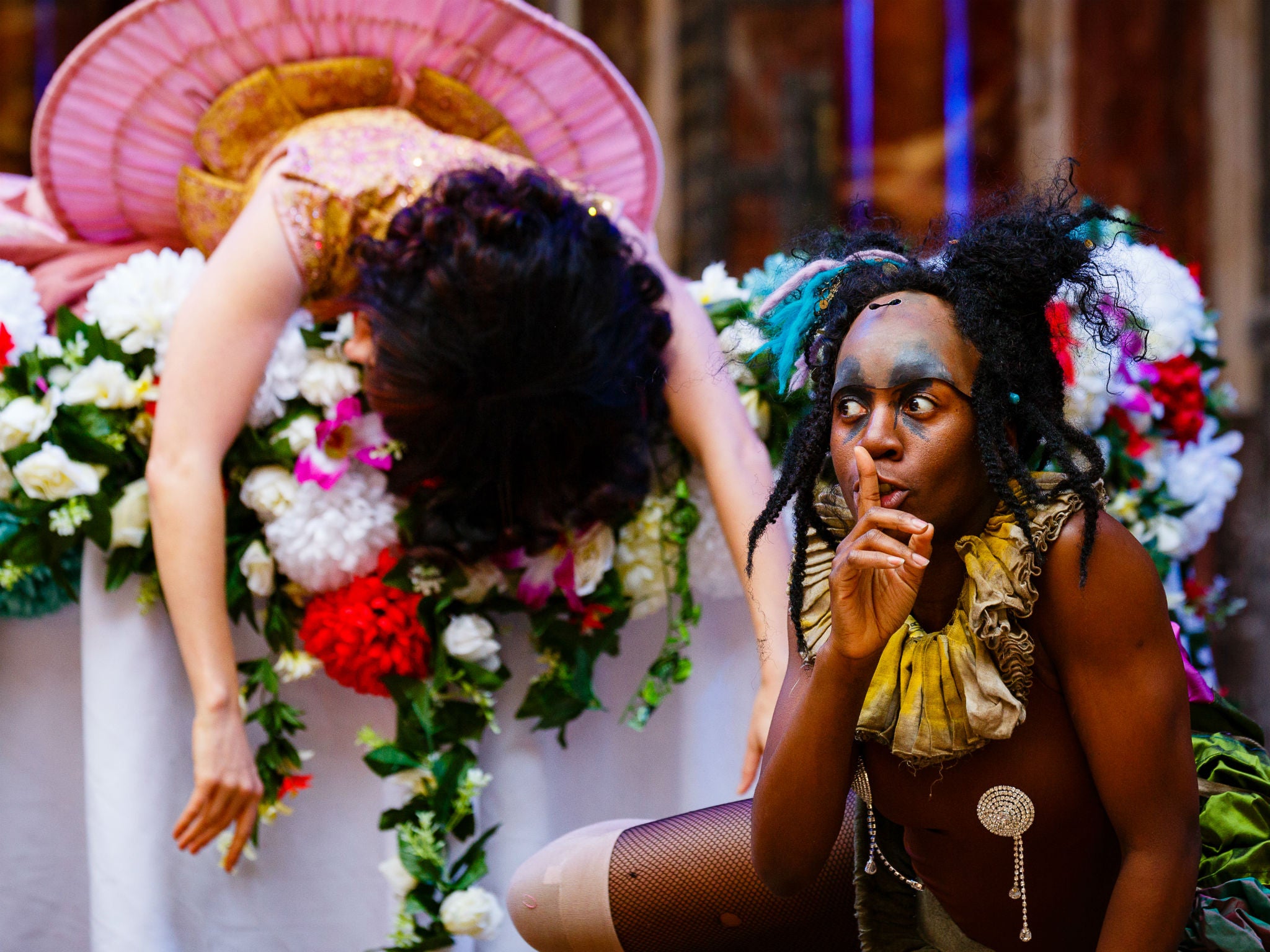 Meow Meow as Titania and Nandi Bhebhe as First Fairy in A Midsummer Night's Dream
