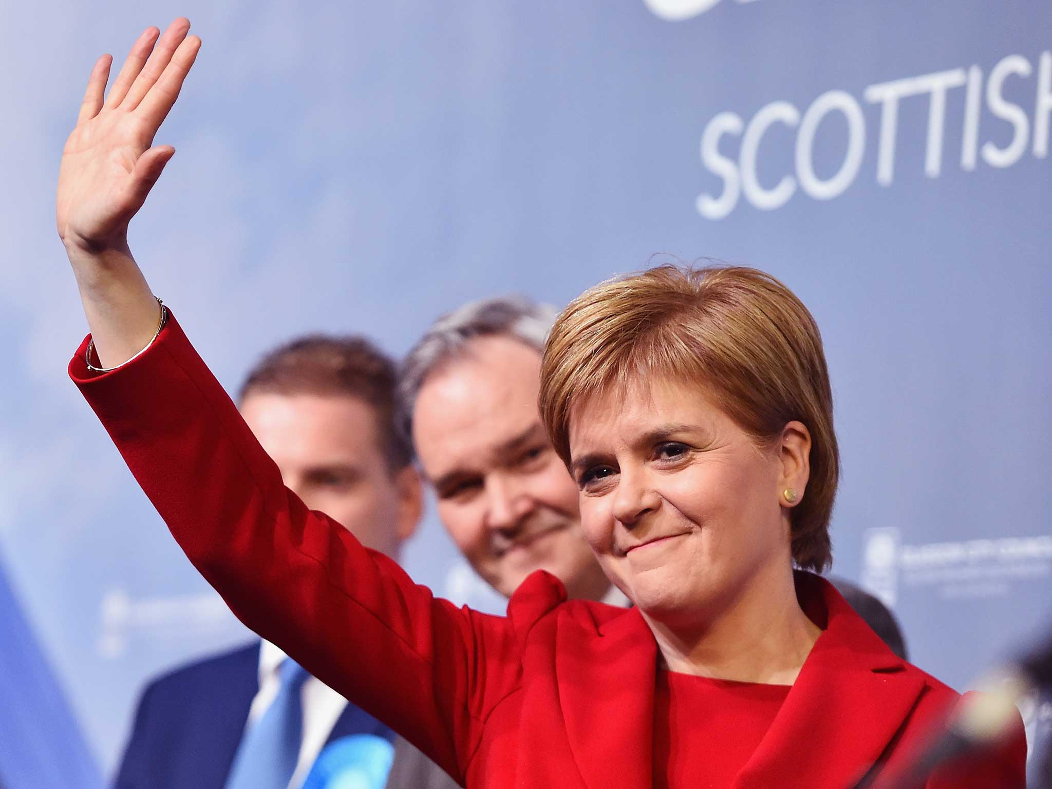 Nicola Sturgeon waves after winning her seat Glasgow Southside in the Scottish Parliament elections at the Emirates Arena in Glasgow