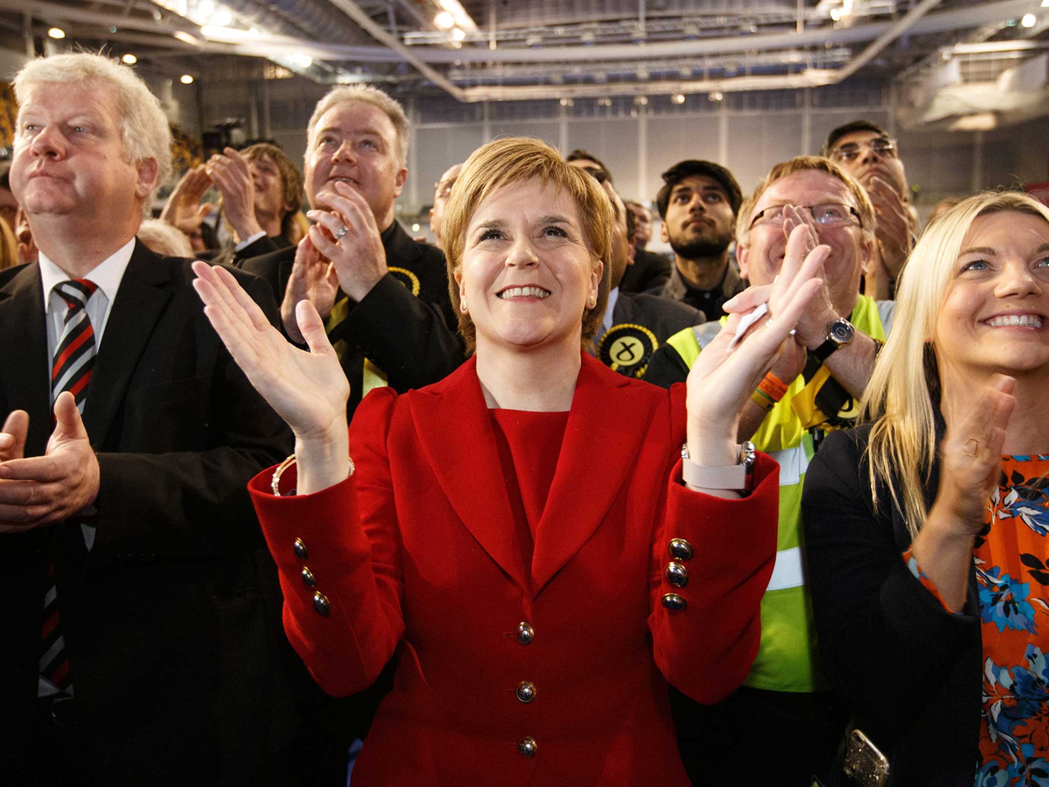 Nicola Sturgeon reacts after a positive result for her party at the Emirates Arena in Glasgow