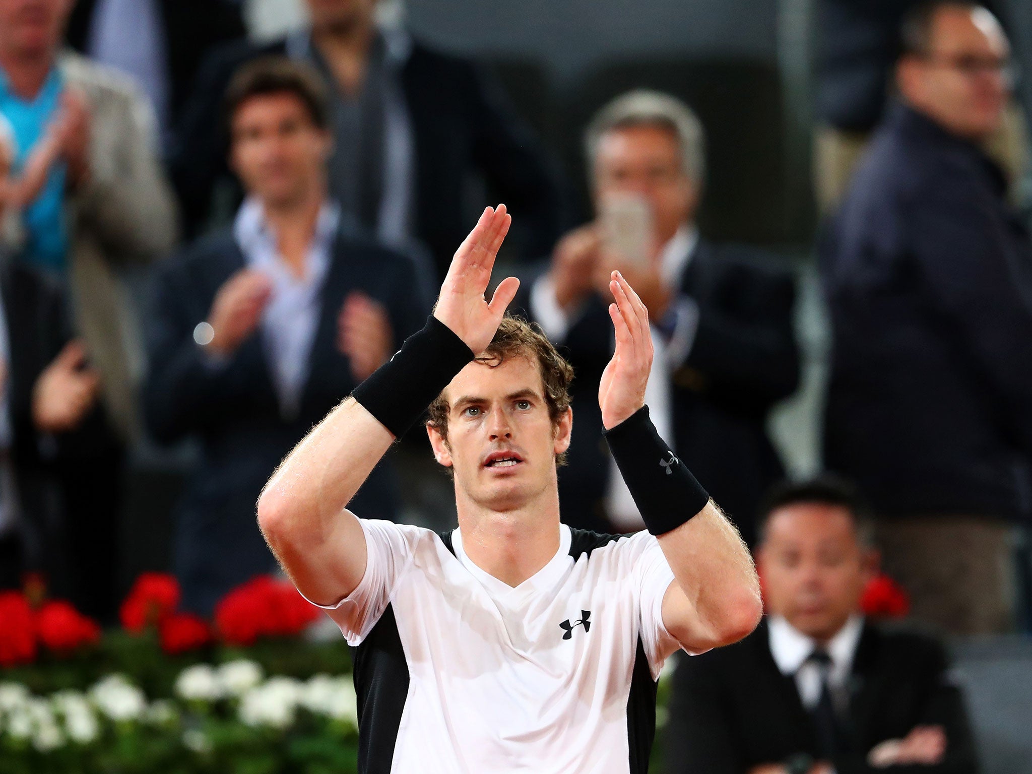 Andy Murray celebrates reaching the semi-final of the Madrid Masters
