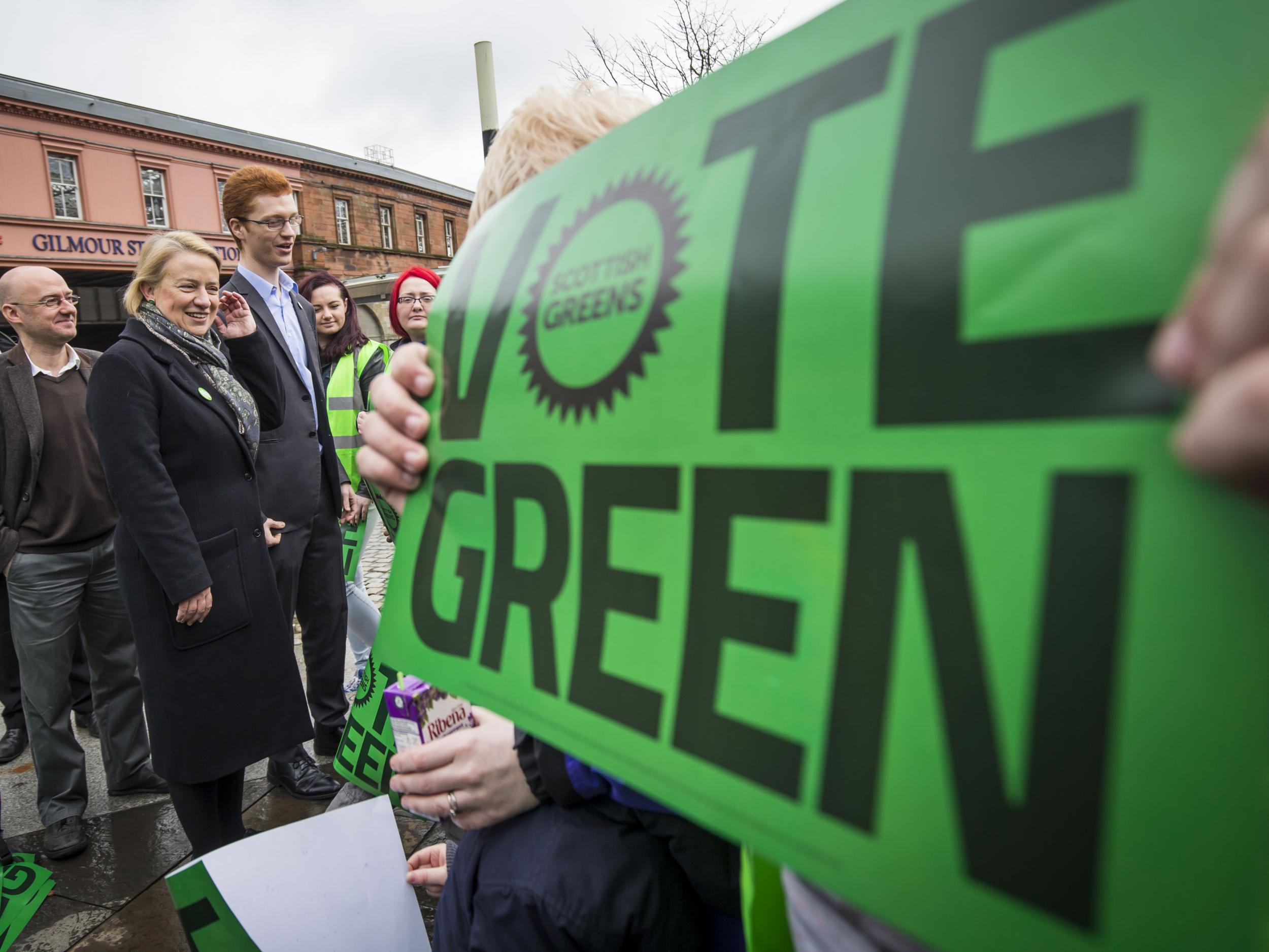 England and Wales Green Party leader Natalie Bennett, Scottish Greens co-convener Patrick Harvie, and West of Scotland Candidate Ross Greer (right) launch the party's West of Scotland campaign