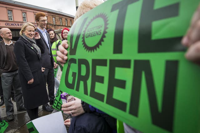 England and Wales Green Party leader Natalie Bennett, Scottish Greens co-convener Patrick Harvie, and West of Scotland Candidate Ross Greer (right) launch the party's West of Scotland campaign