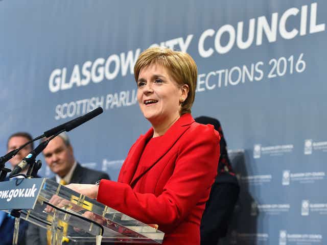 SNP leader Nicola Sturgeon gives a speech after winning her Glasgow Southside seat in Scottish Parliement Elections