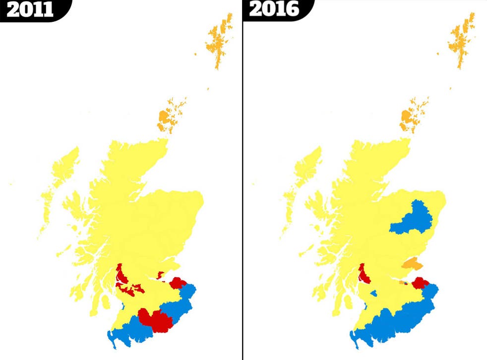 The two maps below show how Scotland's political outlook has changed in the five years between this year’s Holyrood elections and those in 2011 (Louis Doré/CartoDB)