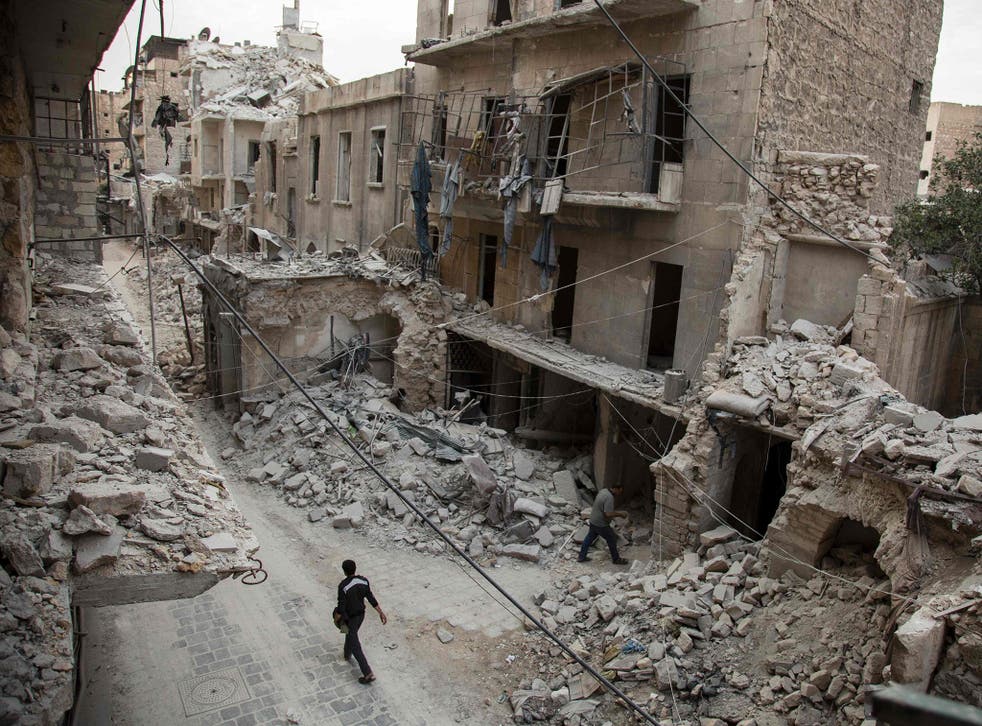 Destroyed buildings in the city of Aleppo where the three were kidnapped