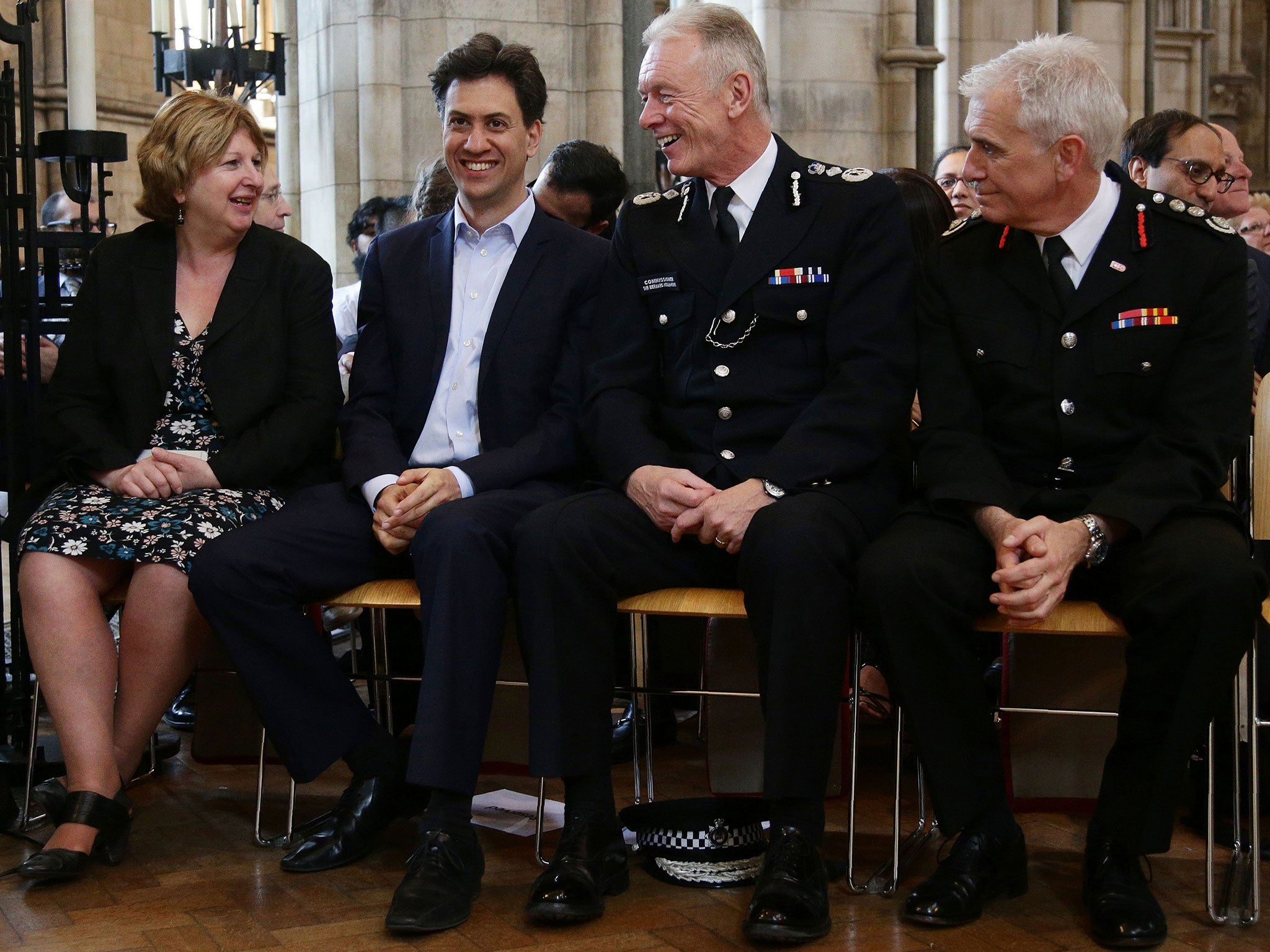 Karen Buck, Ed Miliband, Sir Bernard Hogan-Howe, and London Fire Commissioner Ron Dobson, at Sadiq Khan's swearing in ceremony at Southwark Cathedral in London on May 7, 2016.