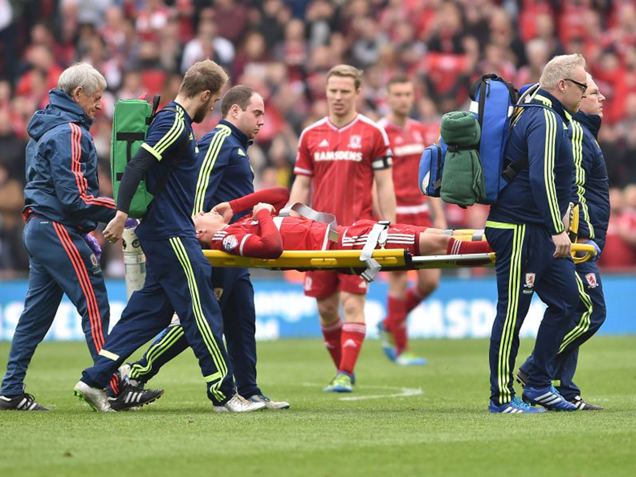 Gaston Ramirez is carried off with injury during Middlesbrough's 1-1 draw with Brighton