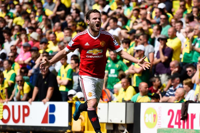 Juan Mata celebrates after putting Manchester United ahead against Norwich