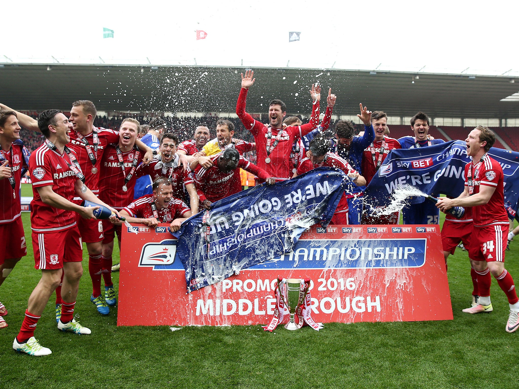 Middlesbrough celebrate their promotion to the Premier League