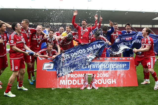 Middlesbrough celebrate their promotion to the Premier League