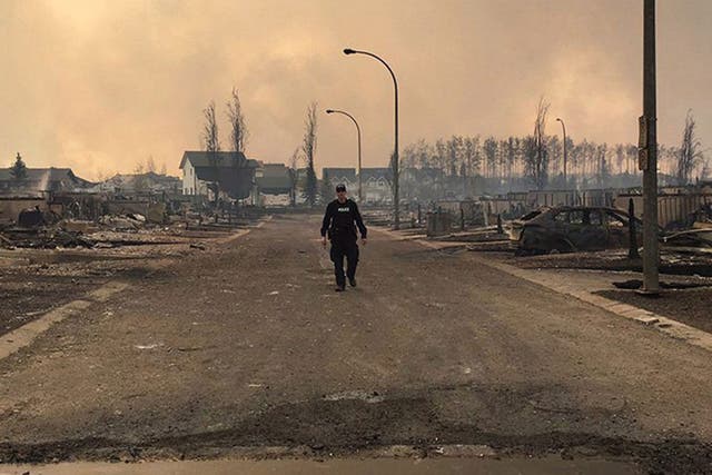 A Canadian police officer surveys the damage on a street in fire-ravaged Fort McMurray, Alberta.