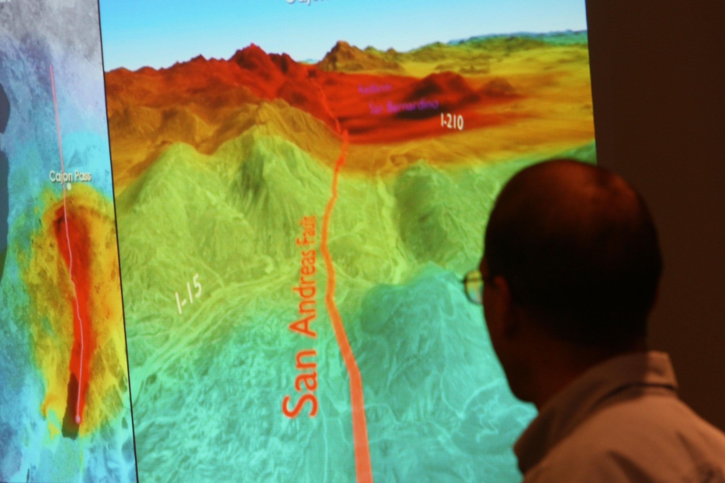 A computer model at the US Geological Survey illustrates how shock waves from a 7.8 magnitude earthquake on the San Andreas fault would affect southern California