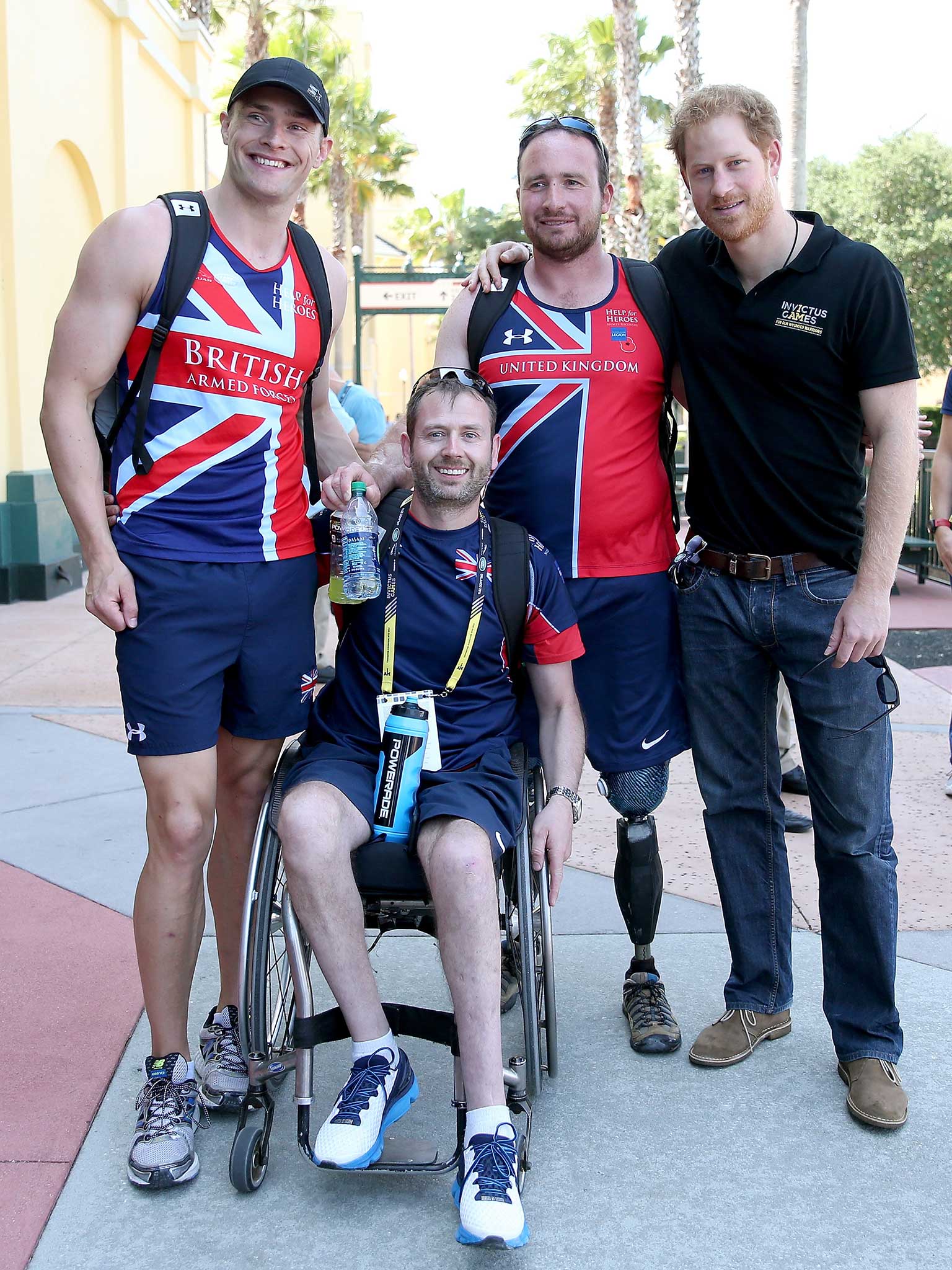 Prince Harry poses with UK Armed Forces Team members ahead of Invictus Games Orlando 2016 at ESPN Wide World of Sports