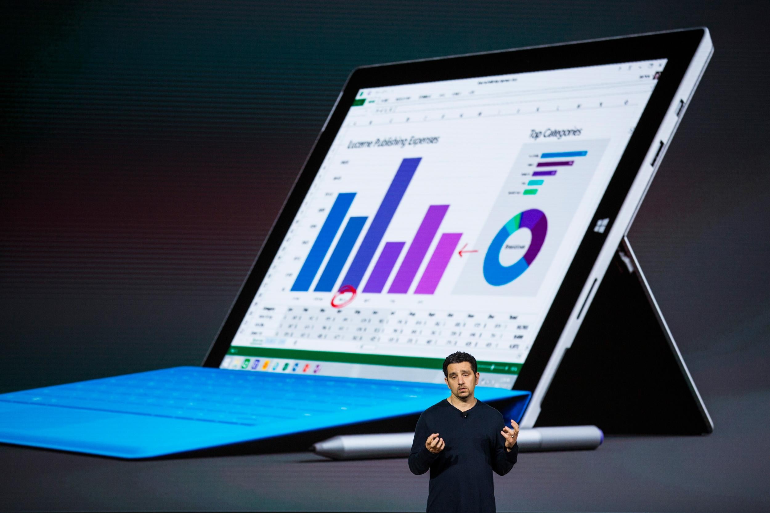 Microsoft corporate vice president Panos Panay unveils the new Windows 10-powered Surface Pro 4 at an even in October 2015
