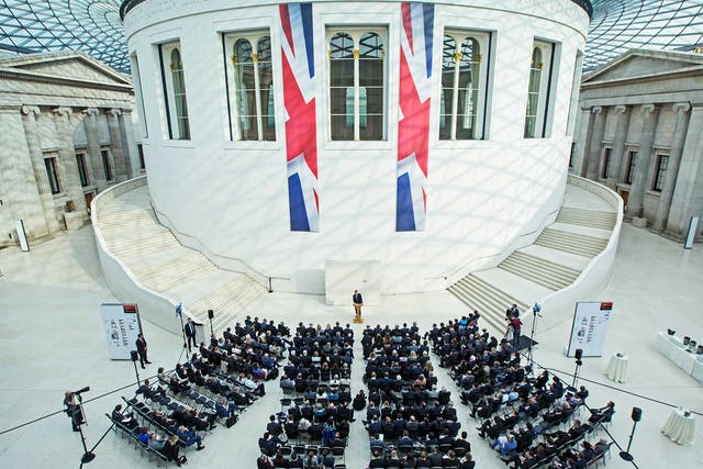 British Prime Minister David Cameron delivers a speech on the European Union at the British Museum in London