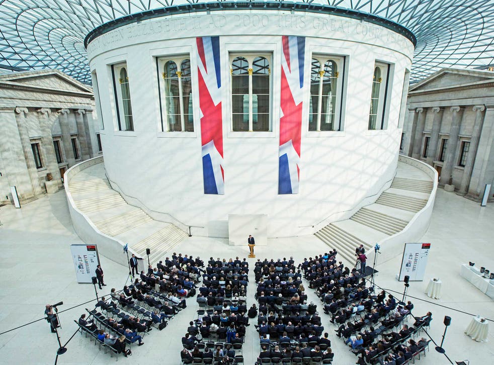 British Prime Minister David Cameron delivers a speech on the European Union at the British Museum in London