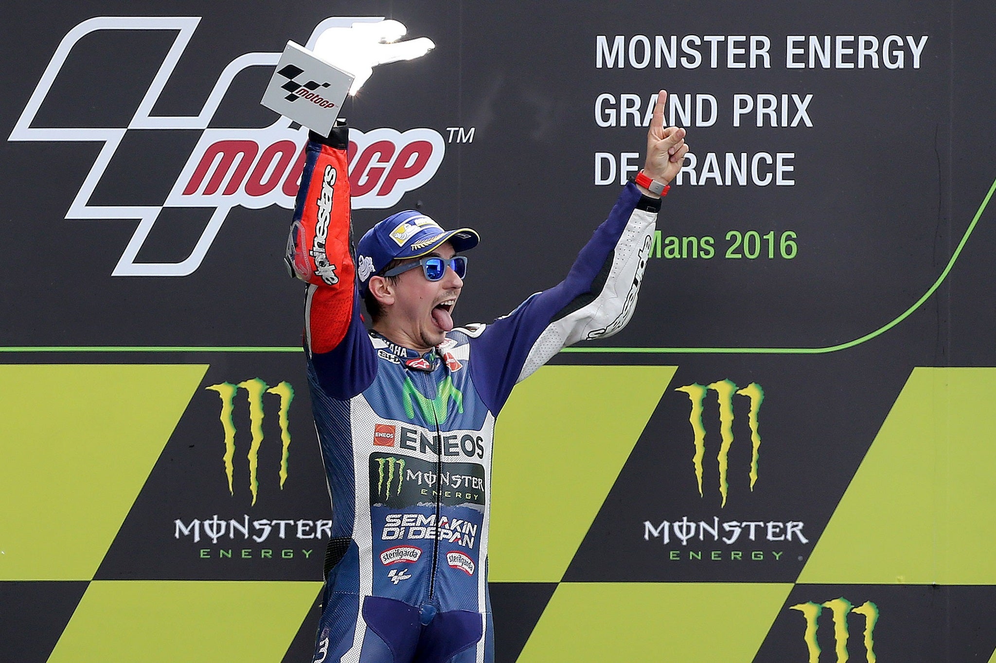 Jorge Lorenzo celebrates winning the MotoGP French Grand Prix at Le Mans