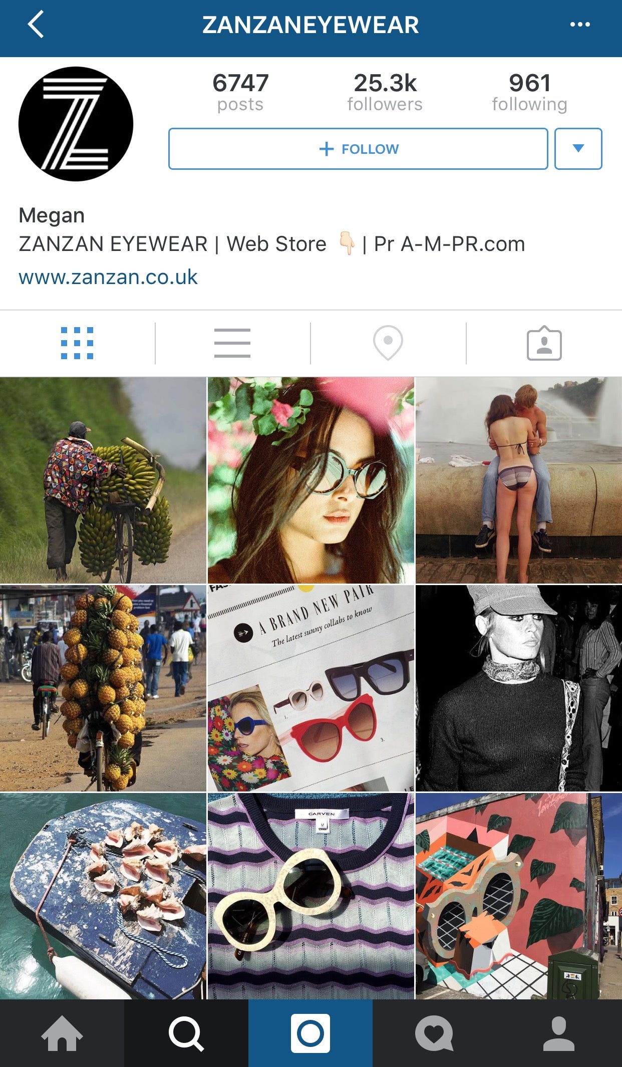 ZanZan Eyewear's mix of inspiration and product on their Instagram (@zanzaneyewear), by Alexander Fury