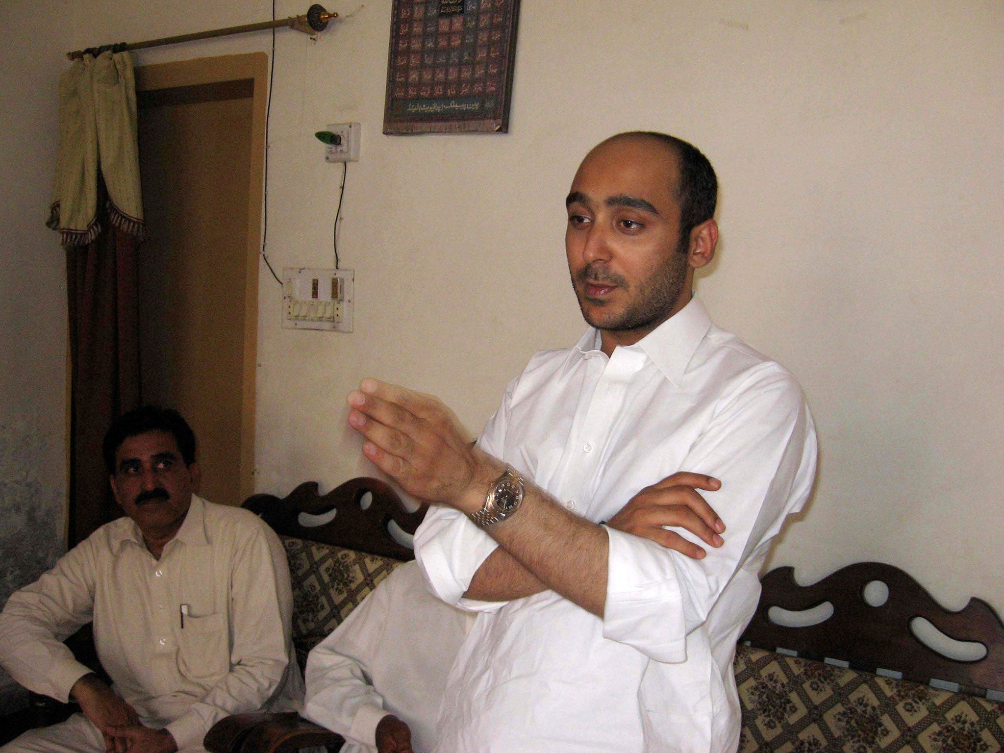Ali Haider Gilani, son of former Pakistani Prime Minister Yusuf Raza Gilani, speaks at a house on the outskirts of Multan on 9 May, 2013, before his abduction