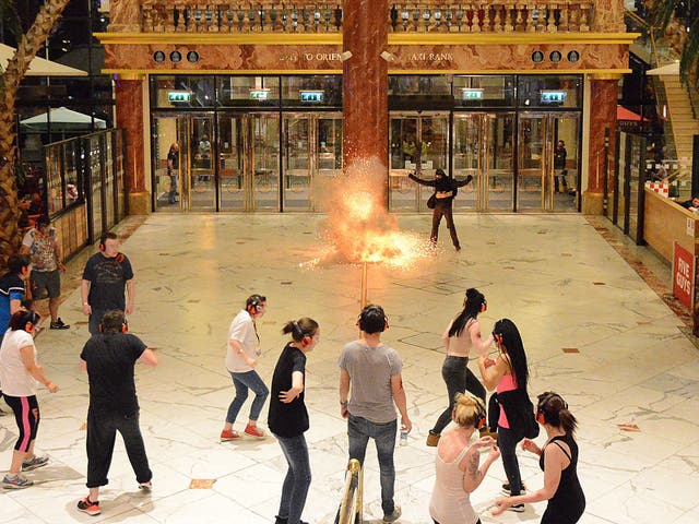 The emergency services and volunteers take part in a simulated terror attack at the Trafford Centre on 10 May, 2016 in Manchester, England.