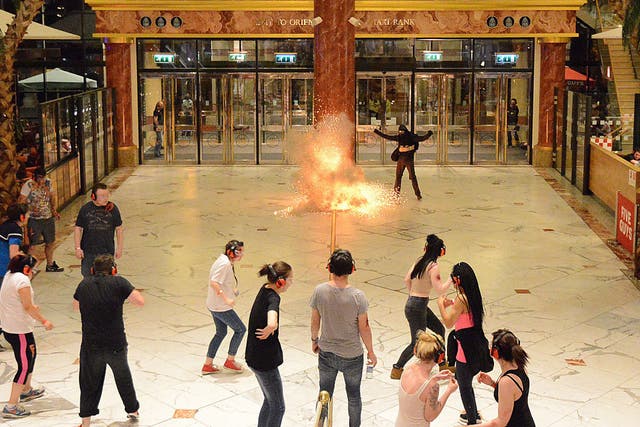 The emergency services and volunteers take part in a simulated terror attack at the Trafford Centre on 10 May, 2016 in Manchester, England.