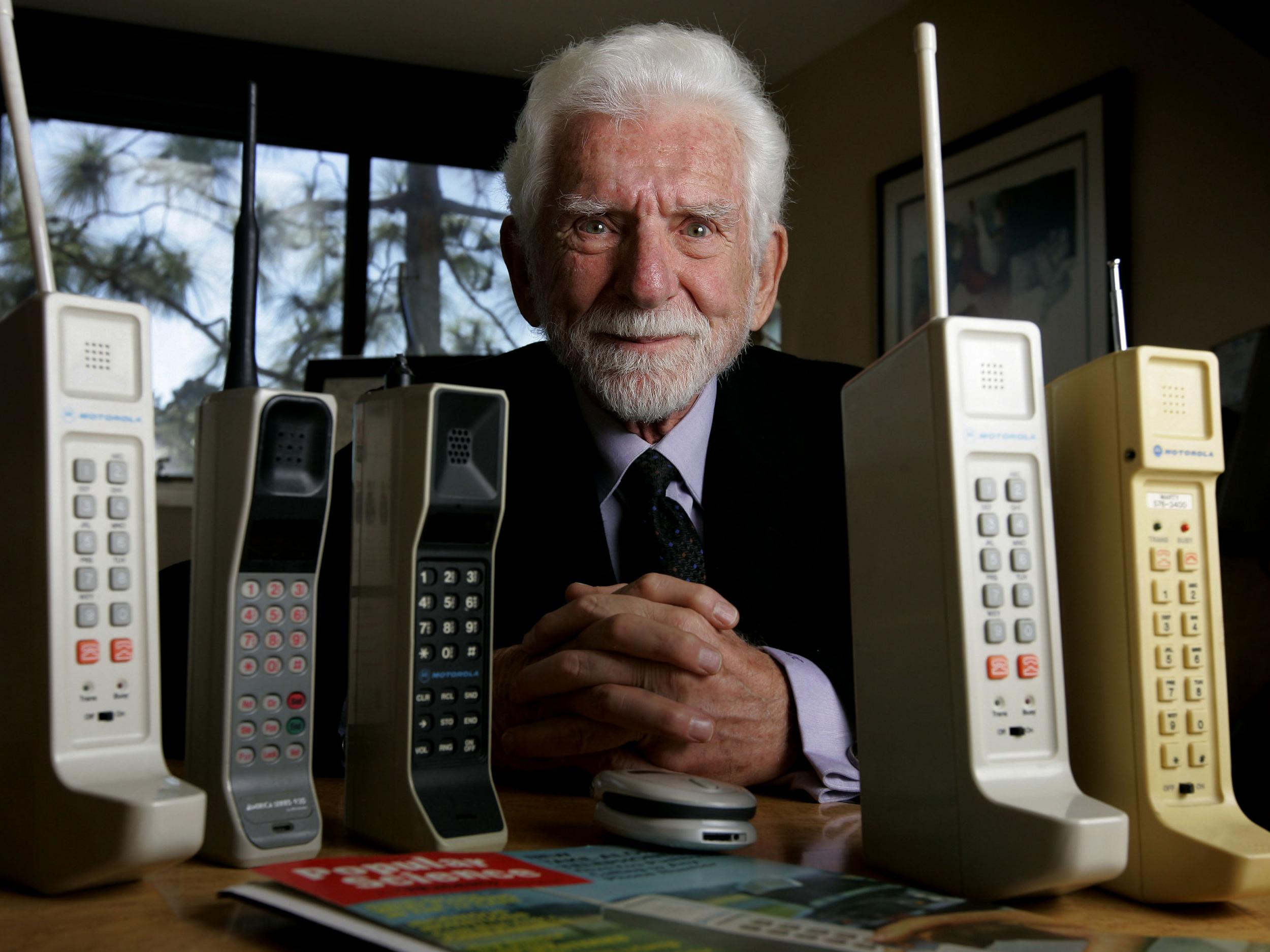 View of the first cell phone models invented by Marty Cooper at his office in Del Mar, CA