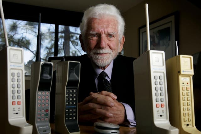 View of the first cell phone models invented by Marty Cooper at his office in Del Mar, CA