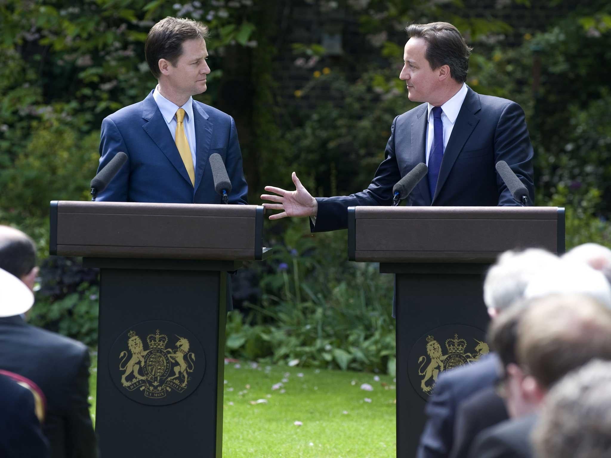 &#13;
Nick Clegg and David Cameron at their first joint press conference in the Rose garden of Number 10 Downing Street on 12 May 2010 &#13;