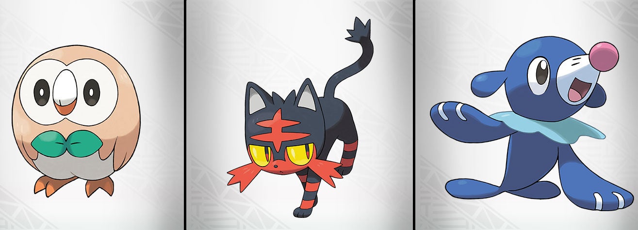 The starters from Pokemon Sun and Moon - Rowlet (L), Litten (C) and Popplio