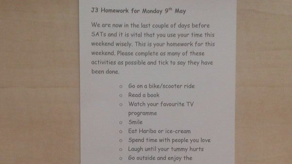 The weekend homework, pictured, Jenny Thom gave to her students