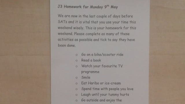 The weekend homework, pictured, Jenny Thom gave to her students