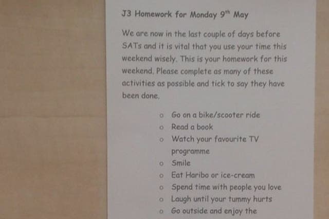 The weekend homework, pictured, Jenny Thom gave to her students