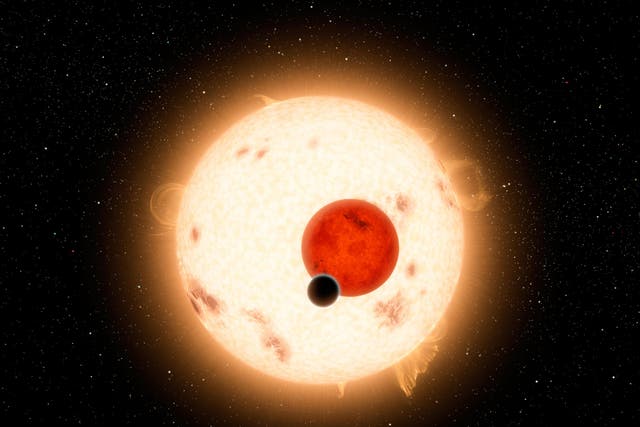 A digital illustration of Kepler-16b, a gaseous planet discovered by the Kepler telescope in 2011