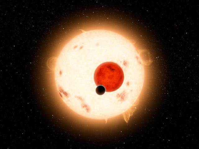 A digital illustration of Kepler-16b, a gaseous planet discovered by the Kepler telescope in 2011