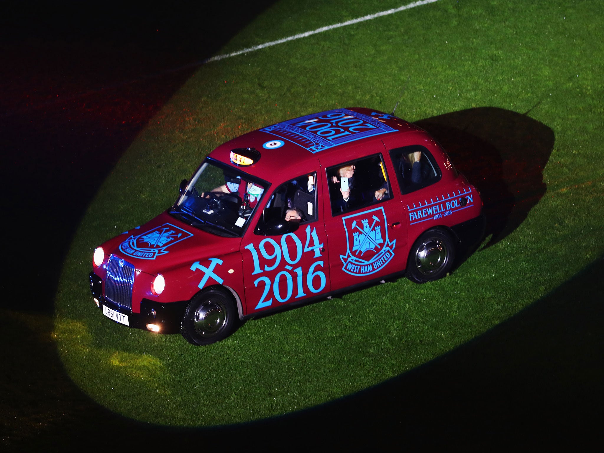 A view of the farewell ceremony at the Boleyn Ground as former player arrive by black cab on the pitch