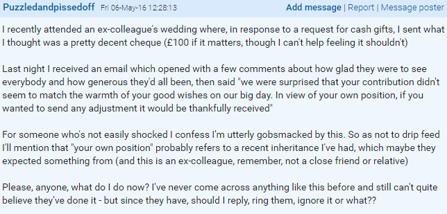 The original message posted on Mumsnet
