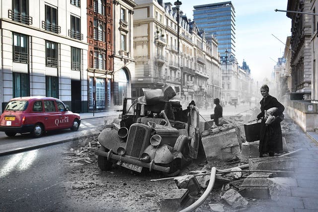 A wrecked Humber car on Pall Mall, London after an air raid during the London Blitz, 15th October 1940 and a street scene at Pall Mall in Piccadilly on May 1, 2016