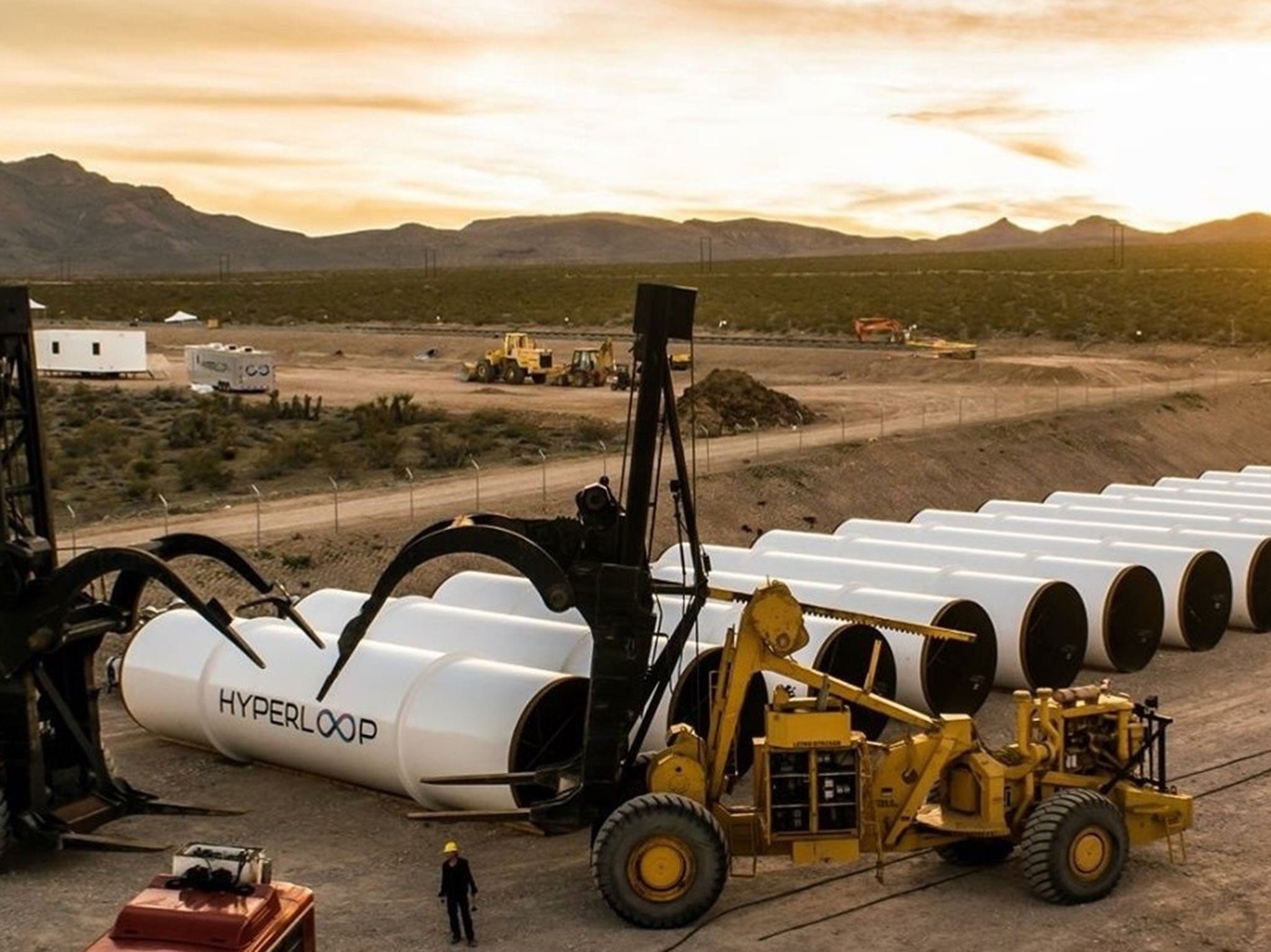 Hyperloop One tubes sit in the desert, awaiting assembly
