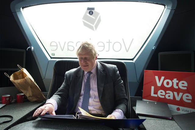 Former Mayor of London Boris Johnson travels on the Vote Leave campaign bus in Cornwall