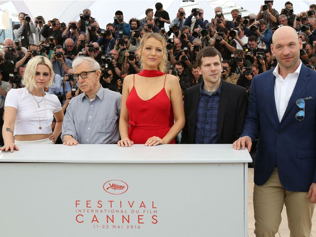 Kristen Stewart, Woody Allen, Blake Lively, Jesse Eisenberg and Corey Stoll promoting Cafe Society at the Cannes film festival