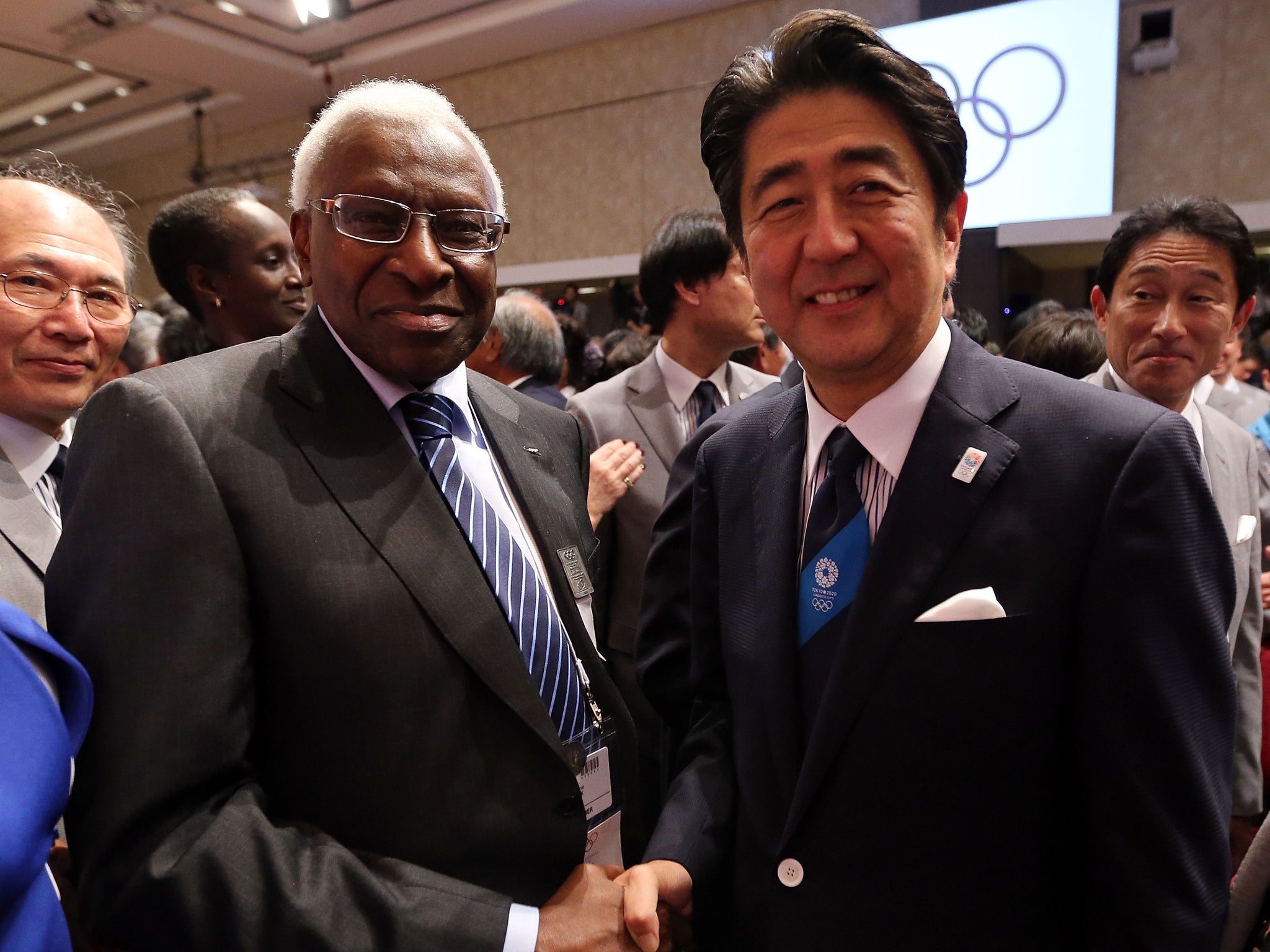 Lamine Diack with Japan Prime Minister Shinzo Abe after Tokyo wins 2020 bid Ian Walton/Getty