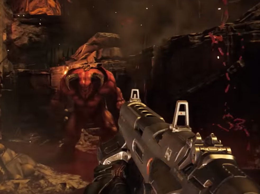 The marine takes on a demon in the Doom launch trailer