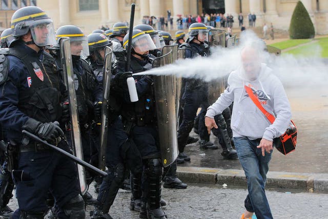 French riot police sprayed protesters with tear gas in Paris