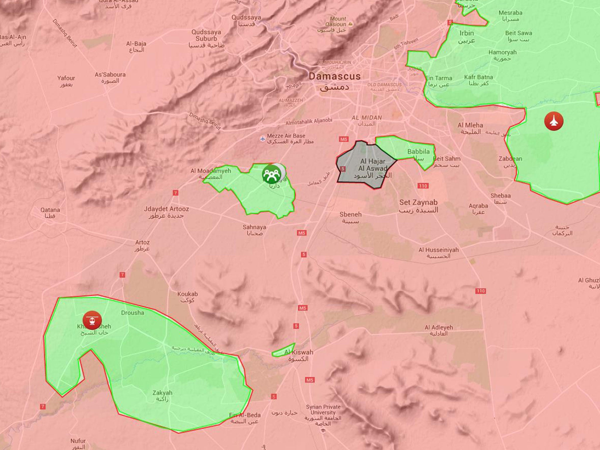Khan Eshieh (bottom left) seen on a map next to other besieged rebel areas (in green). Territory controlled by the Syrian government is marked in red and by Isis in black.