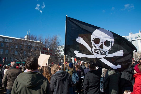 A Pirate Party flag at a rally in Reykjavik following the Prime Minister's implication in tax evasion via the Panama Papers