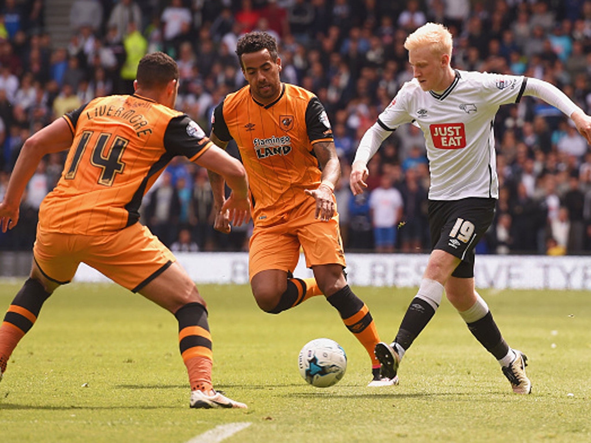 Derby's Will Hughes takes on Jake Livermore and Tom Huddlestone but the hosts enjoyed little fortune